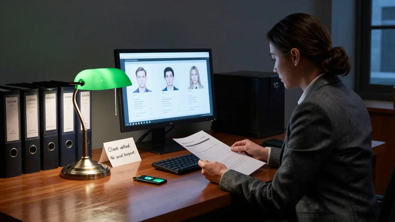 An elite agency office with coded client profiles and a security keycard under a green lamp.