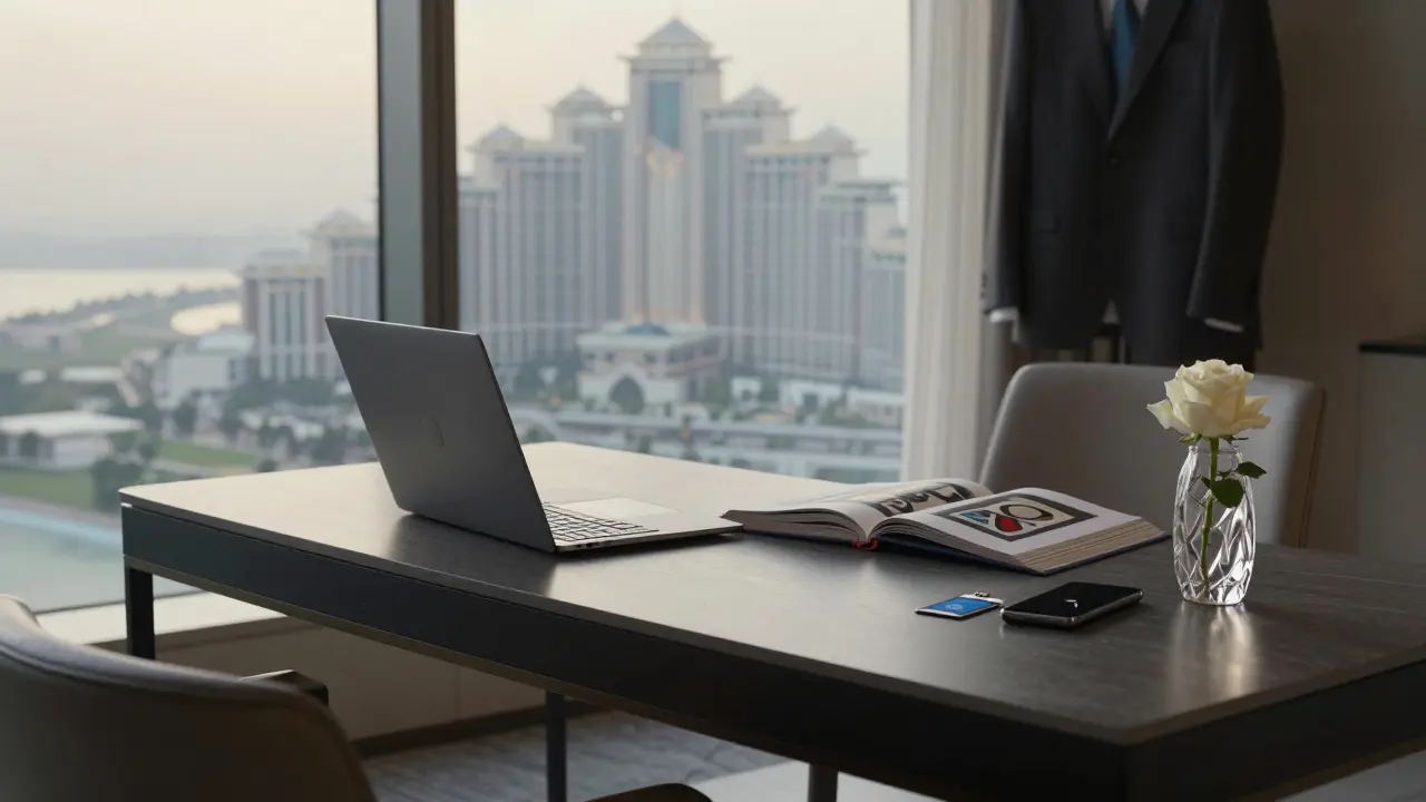 An empty luxury hotel suite with signs of a refined guest&#039;s presence at dawn.