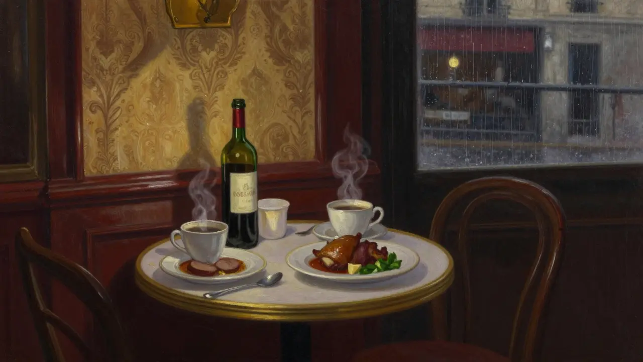 An intimate Parisian bistro table for two with wine, food, and candlelight, rain on the window, no faces shown.