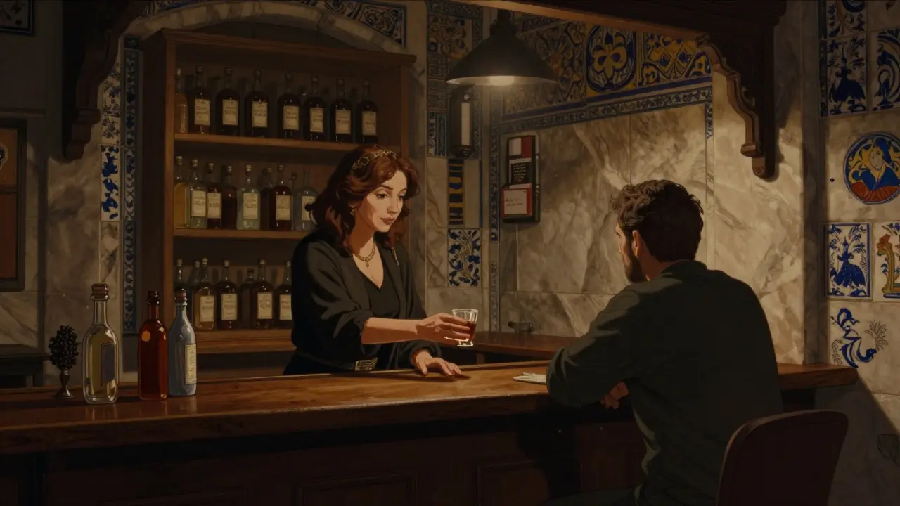 An Ottoman-era bar with marble walls and hand-painted tiles, a woman serving a drink in soft amber light.