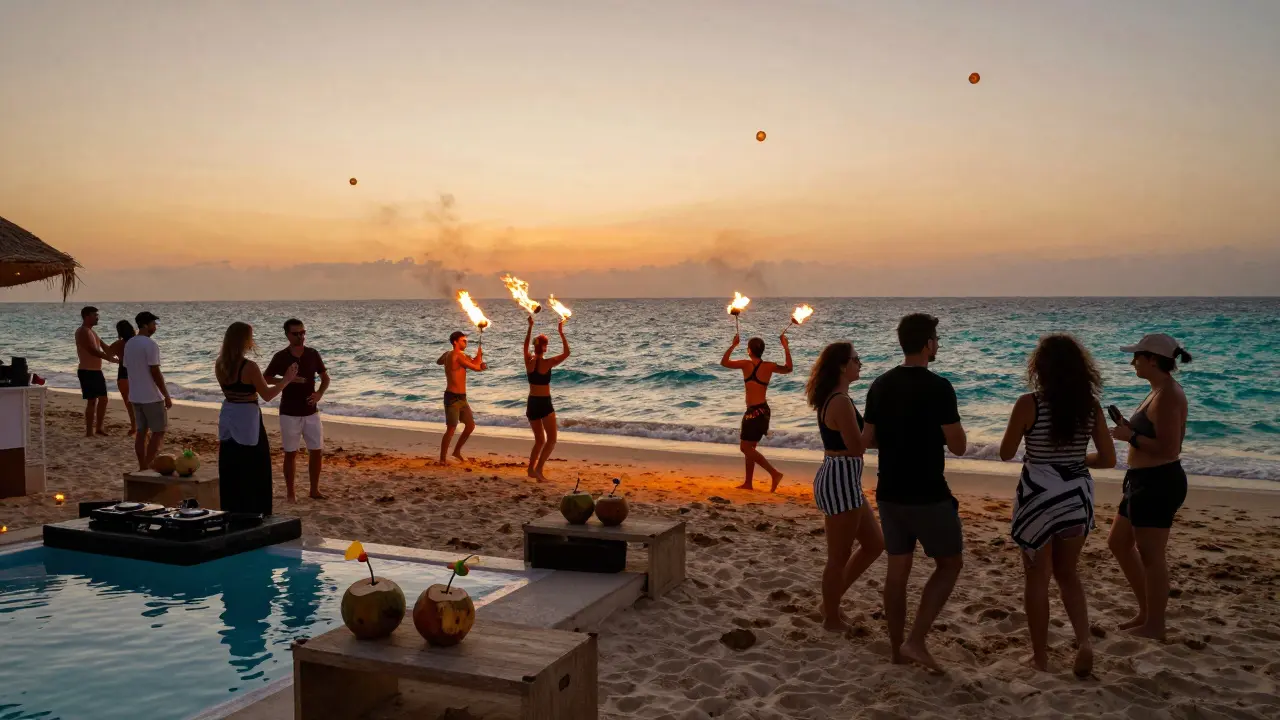 Beach party at dusk with fire dancers and lanterns against a sunset over the Persian Gulf.