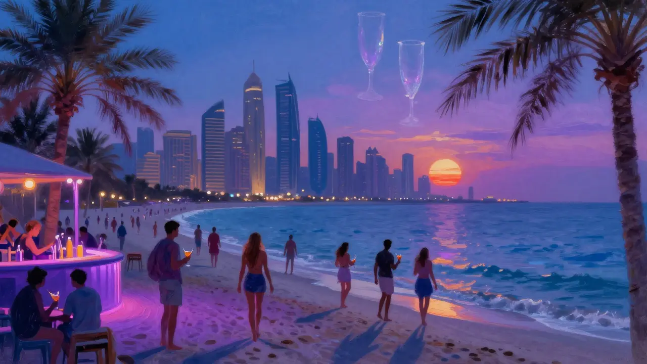 Beachside nightclub at Cielo Dubai at sunset, guests enjoying cocktails as the sea meets the sky.