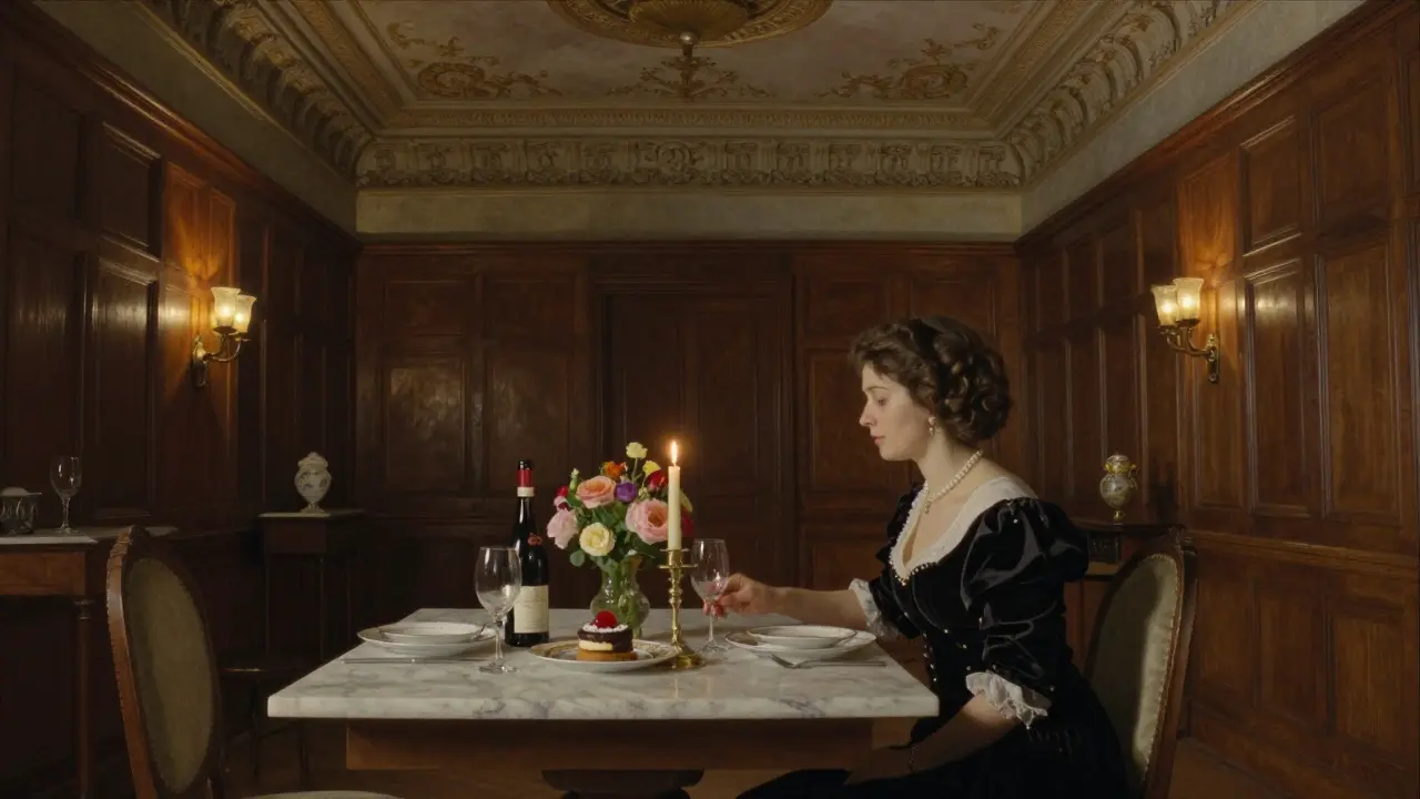 Candlelit dinner in a palazzo with fine china, Barolo wine, and shared dessert under soft golden light.