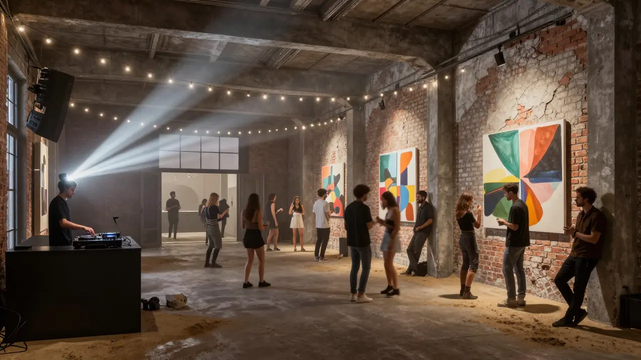 Casual crowd at The Loft warehouse bar, industrial space with art on walls and soft lighting under midnight sky.