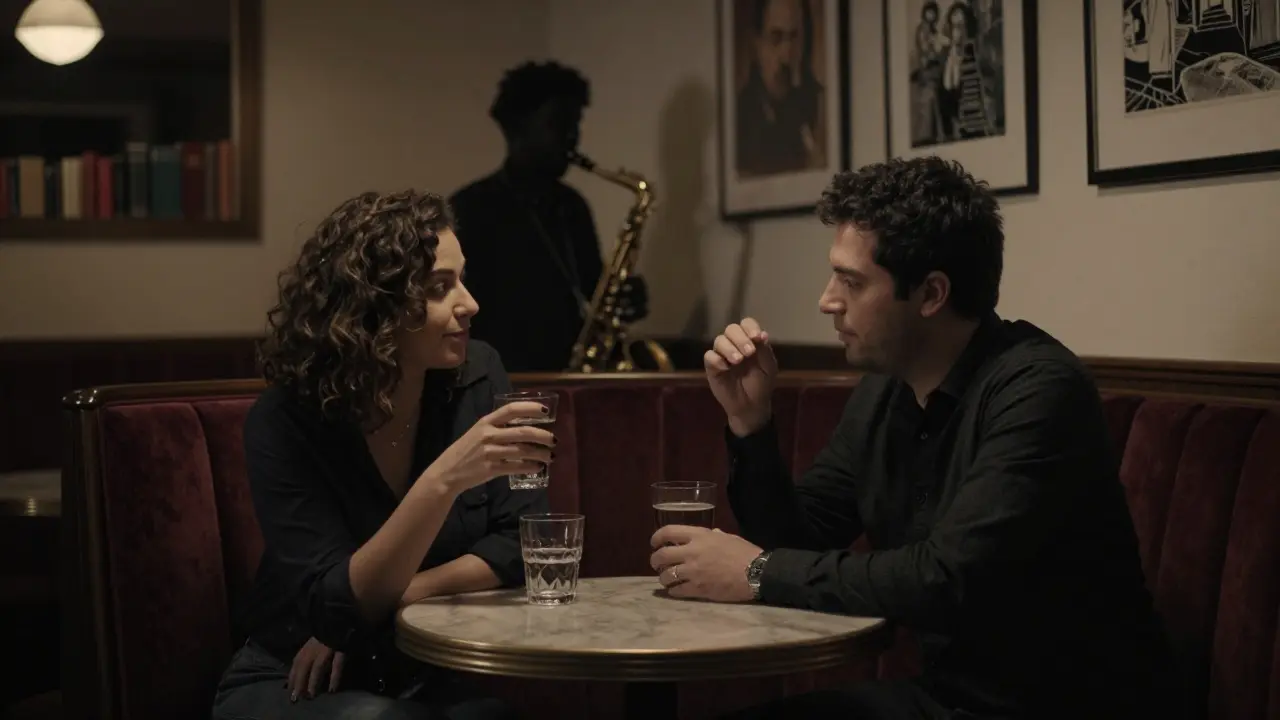 Couple in a dim jazz lounge sharing a quiet moment, saxophone silhouette in background, velvet banquette.