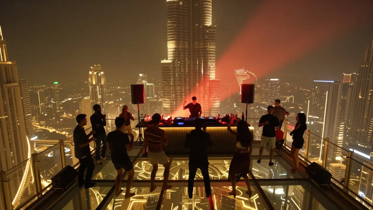 Dancers at Skyview Bar silhouetted against the Burj Khalifa with golden spotlights illuminating the night.