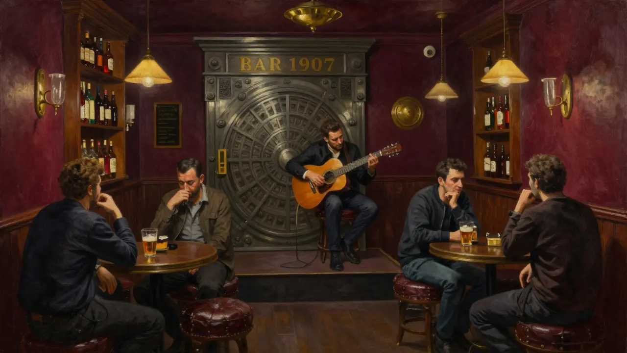 Dimly lit historic bar with wooden shelves and patrons enjoying live Turkish indie music in quiet intimacy.