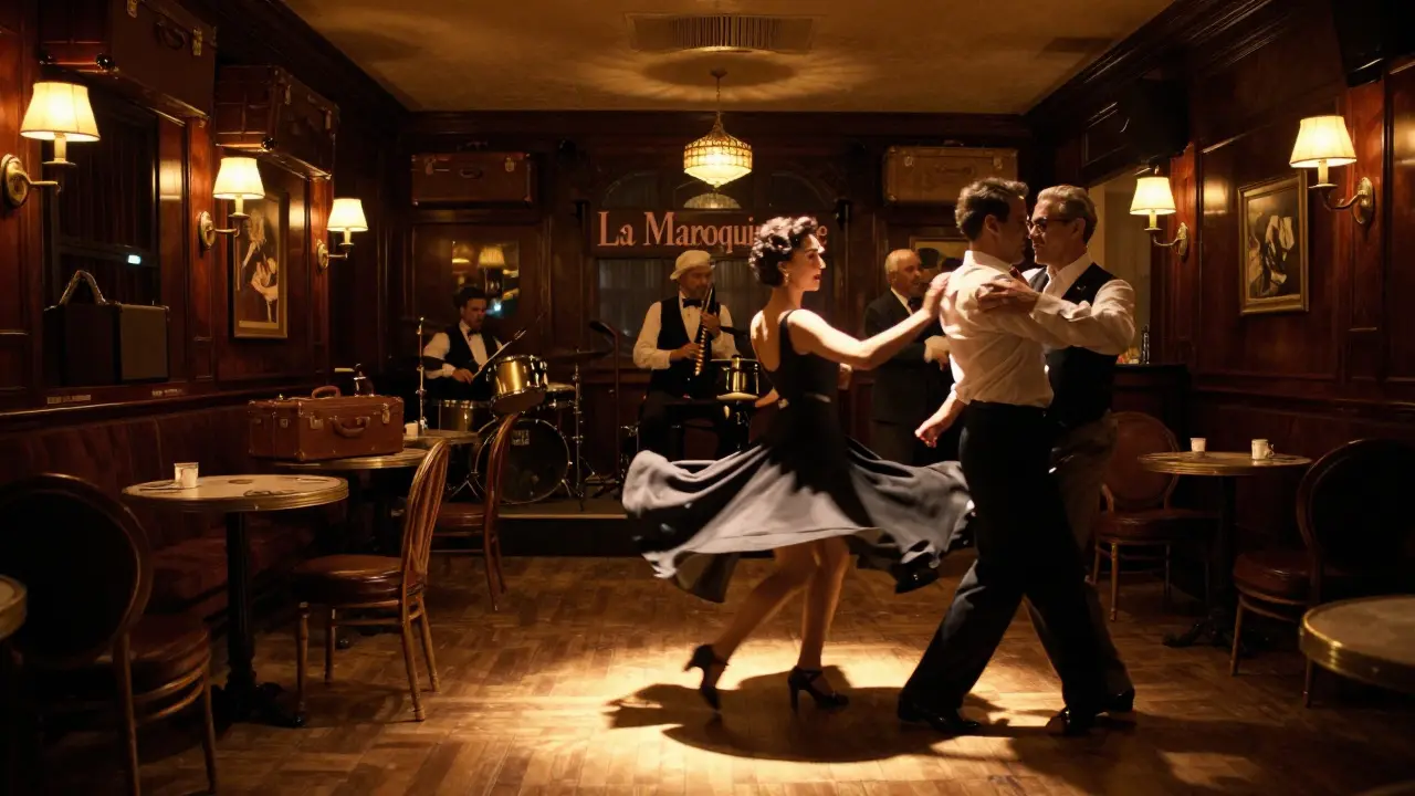 Elegant salsa dancers in a 1920s-style speakeasy with vintage decor and live band performing.