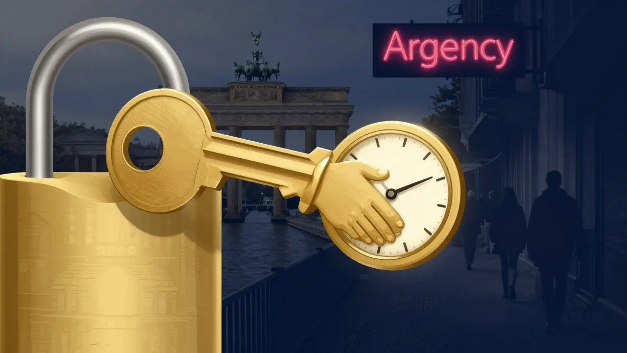 Golden key shaped like a handshake and clock, symbolizing trust and time in escort services.