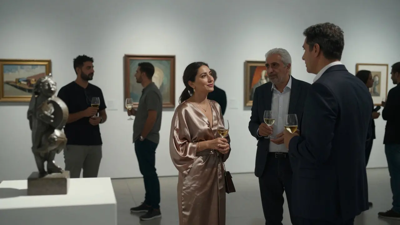 Guests mingling respectfully at an art gallery opening in Abu Dhabi, surrounded by contemporary art.