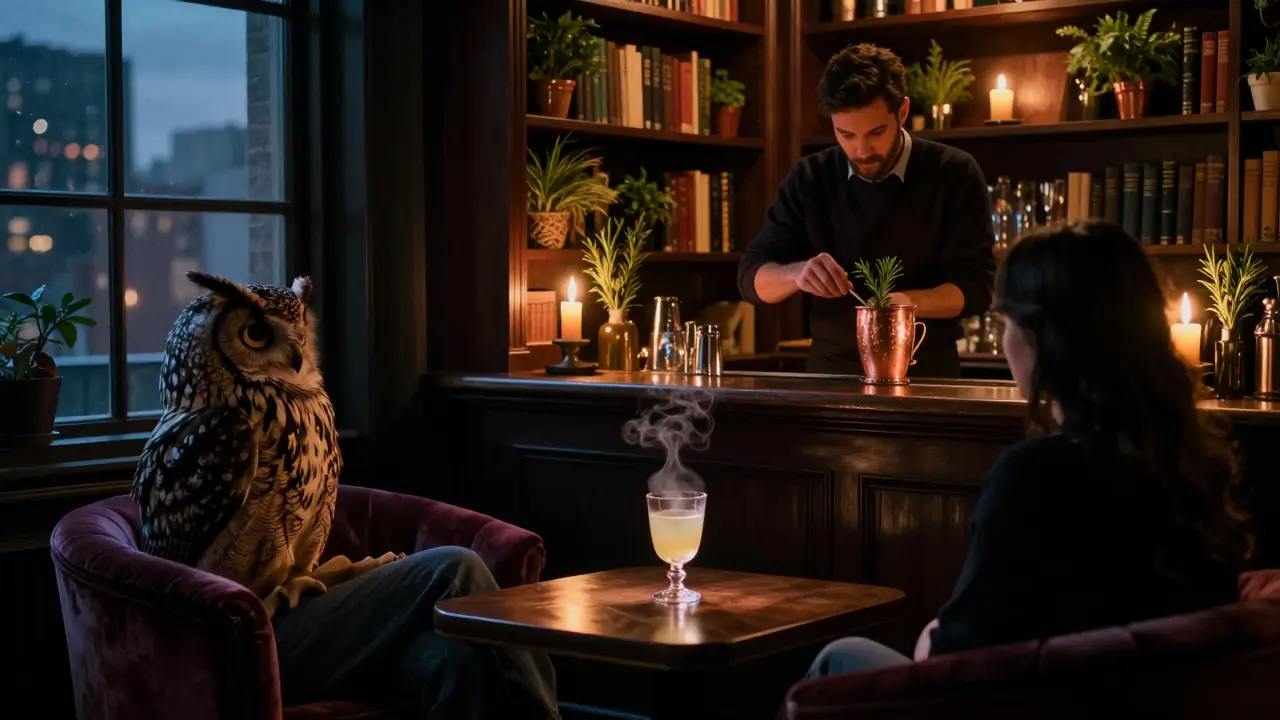 Hidden speakeasy at dawn, candlelit and intimate, with a bartender crafting a herbal cocktail.