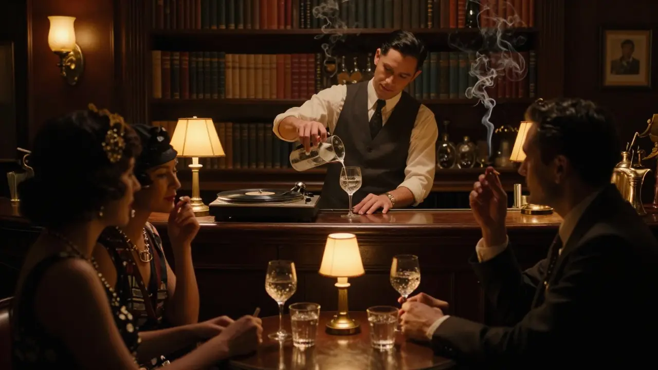 Hidden speakeasy interior with jazz record, candlelight, and vintage cocktails.