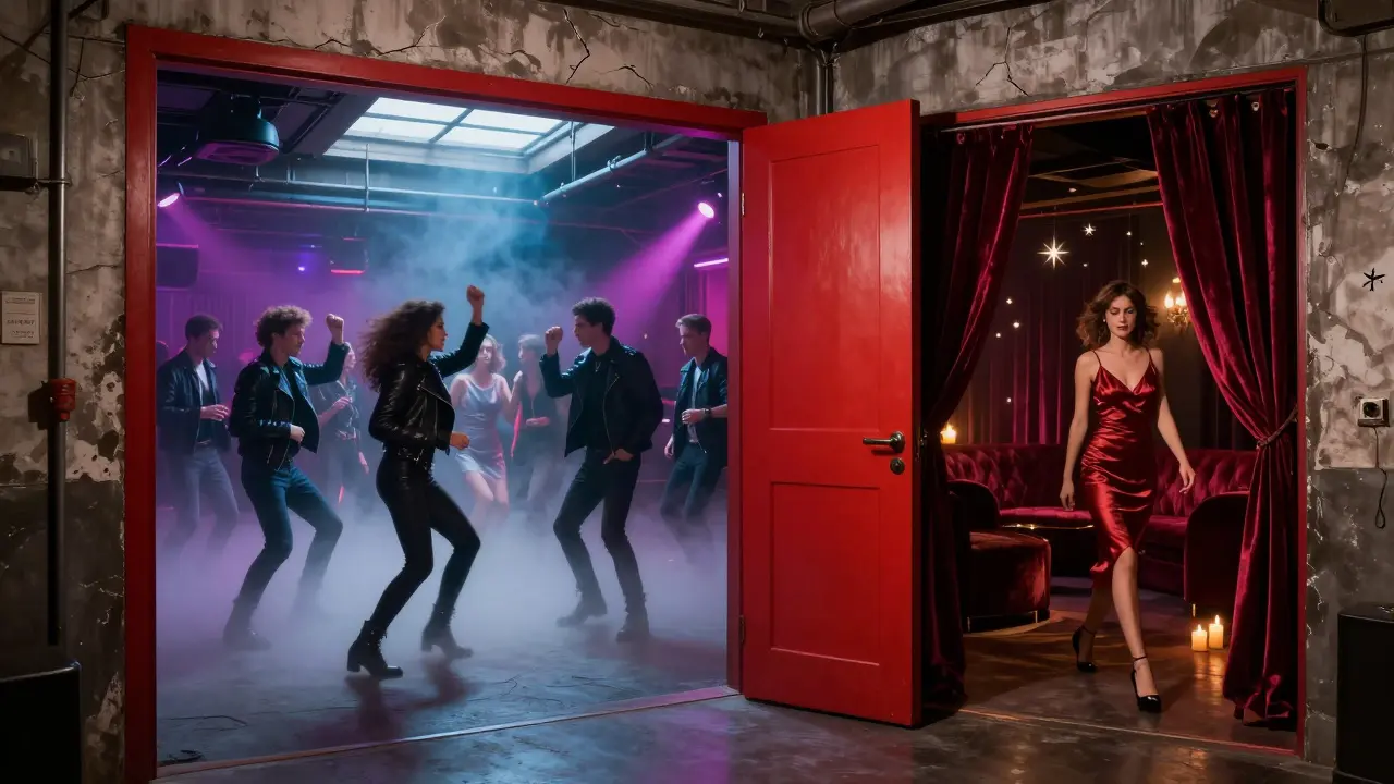 Hidden underground club with red door and fog, dancing crowd, and secret jazz lounge glowing behind velvet curtain.