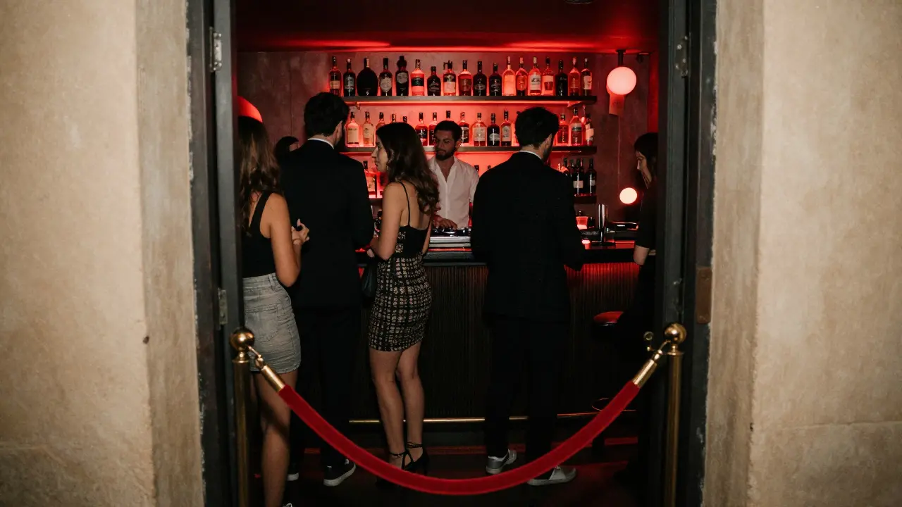 Hidden underground club with vinyl DJ, dim red lighting, and stylish crowd in Monte Carlo.