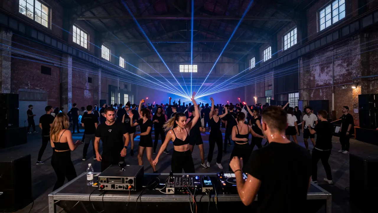 Industrial nightclub with laser lights and crowd dancing in sync under strobes, raw and energetic atmosphere.