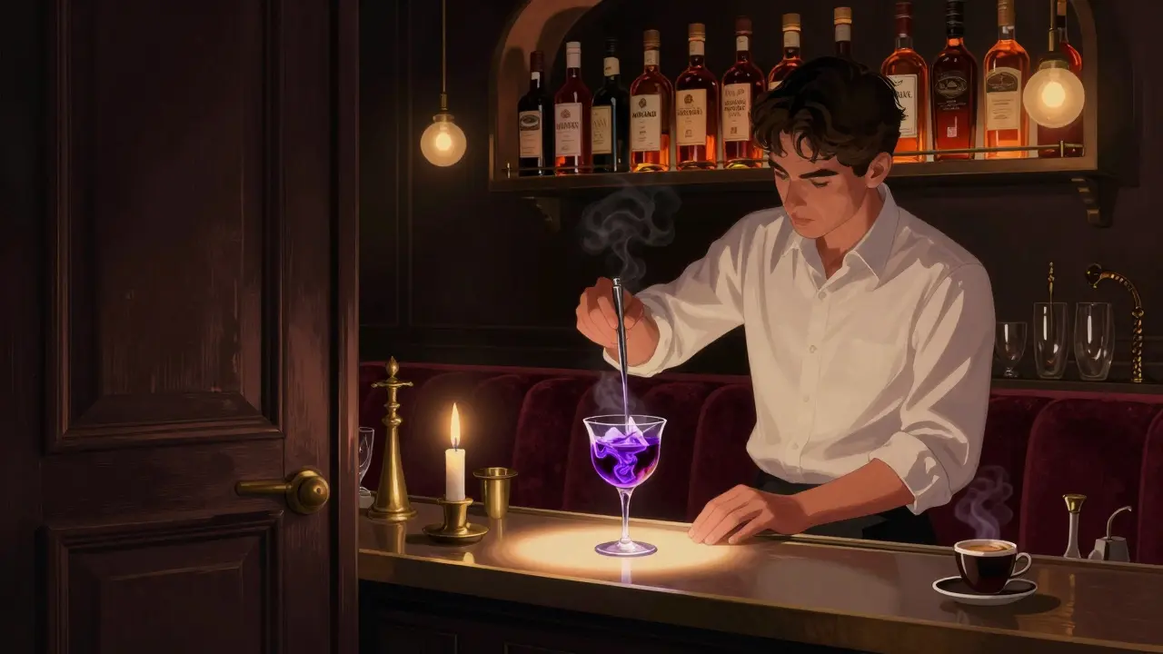 Intimate Brera speakeasy with velvet booths and bartender crafting a violet-hued cocktail in low light.