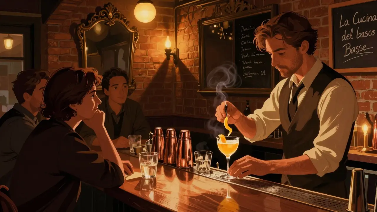 Intimate speakeasy bar with candlelight and a bartender preparing a custom cocktail.
