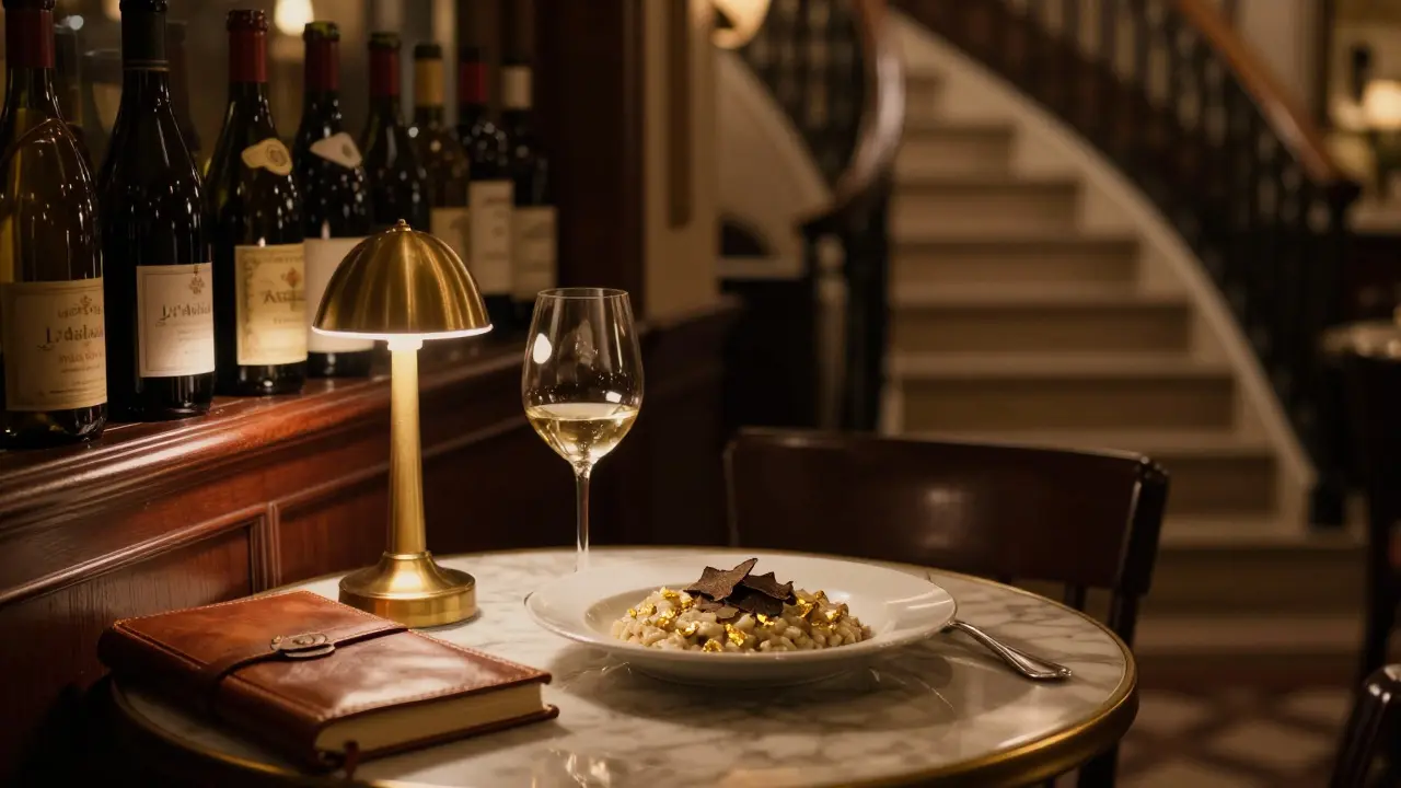 Late-night bistro table with truffle risotto and rare wine, warm lamplight, quiet ambiance.