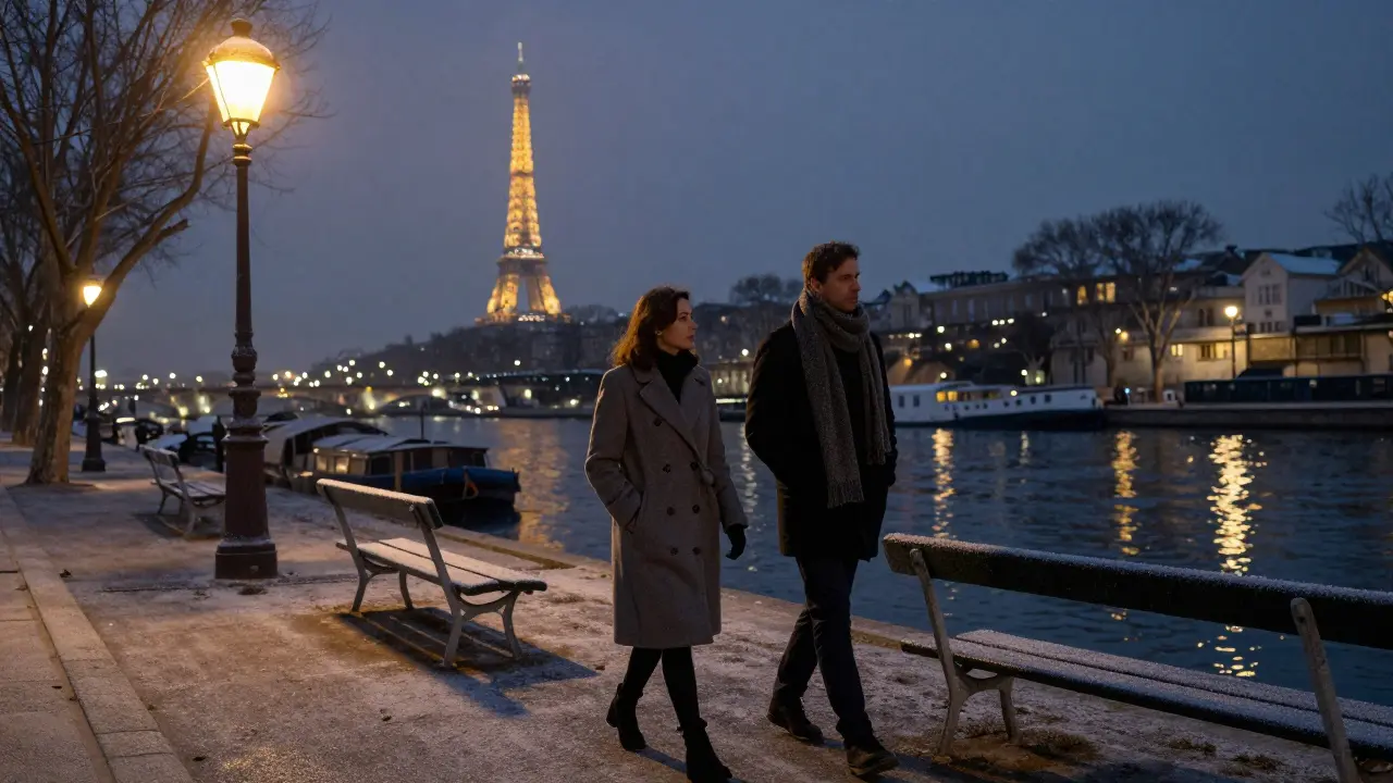 Midnight stroll along the Seine in winter, frost glinting under lamplight, silhouettes walking side by side.
