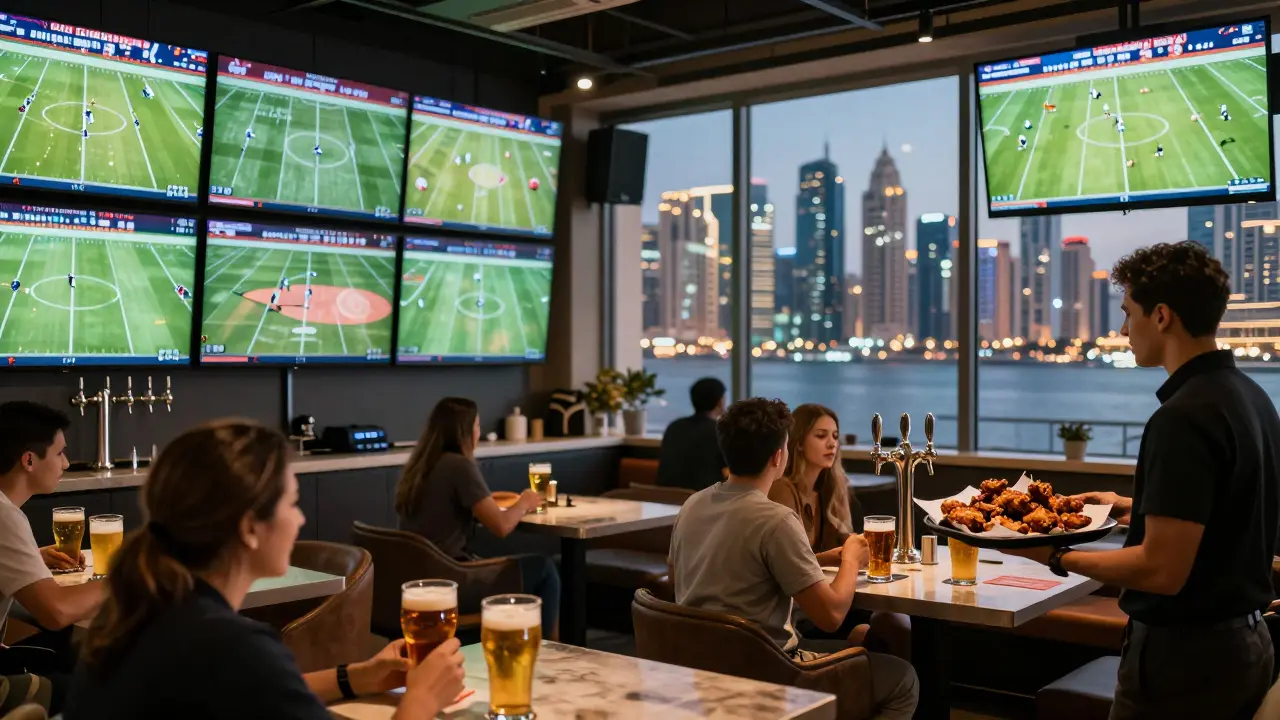 Modern sports bar with ten large screens showing different games, patrons drinking craft beer at dusk.
