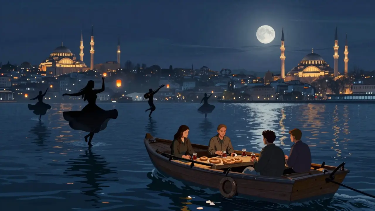 Mystical Bosphorus night cruise reflecting city lights, floating lanterns, and silhouettes of dervishes on calm water.