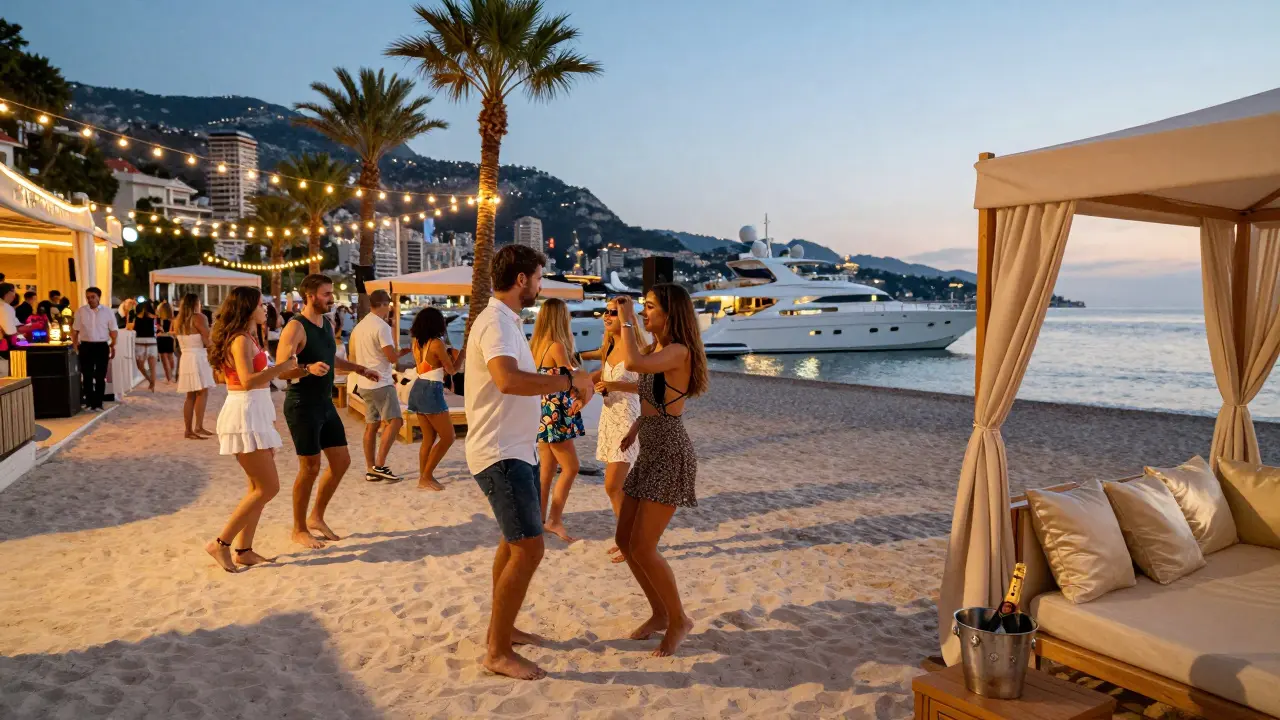 Nighttime party at Nikki Beach Monaco with guests dancing on sand under string lights and palm trees.