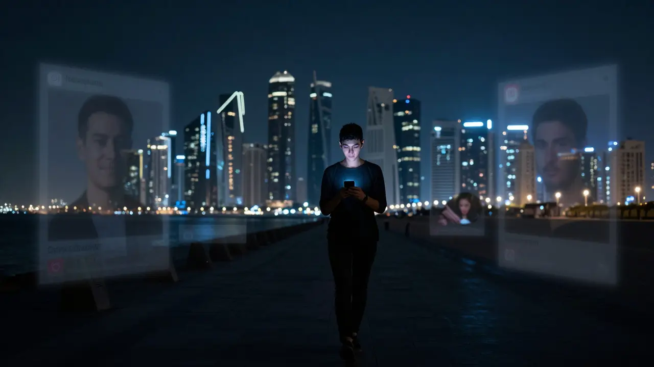 Person walking along Corniche at night, holding phone with real profile glowing amid fading fake ads.