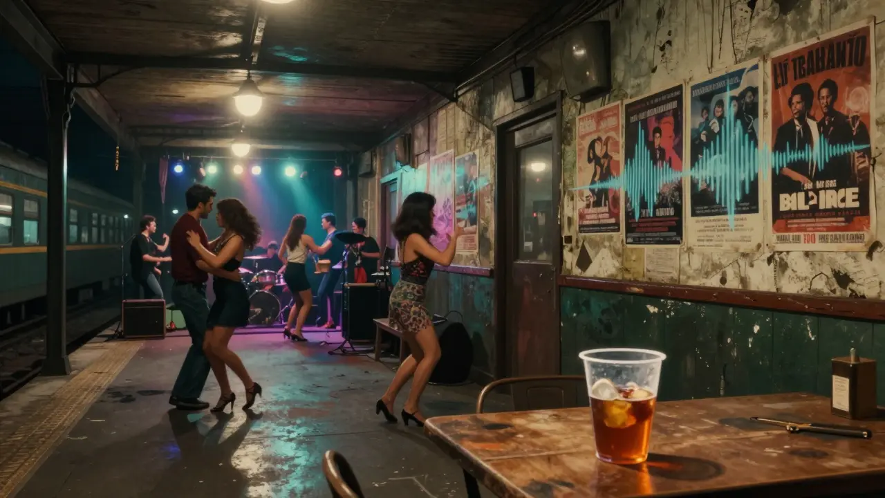 Raw Latin night at Le Trabendo with dancers moving passionately in a gritty train station venue.