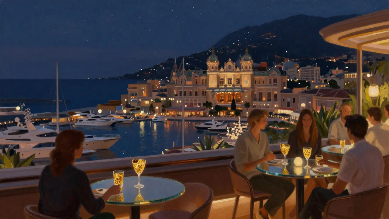 Rooftop bar with panoramic view of Monaco’s harbor, guests enjoying gold-garnished cocktails at twilight.