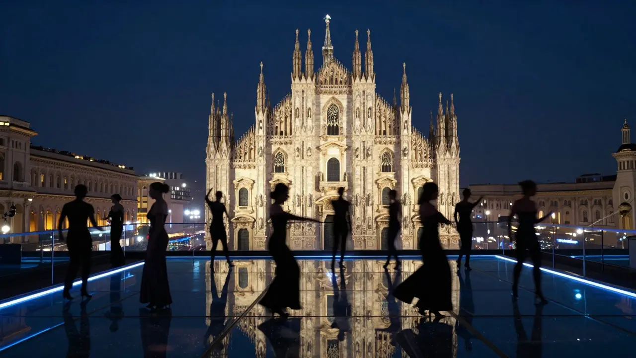 Rooftop dance floor at Blu Club with Milan’s Duomo glowing in the background at night.