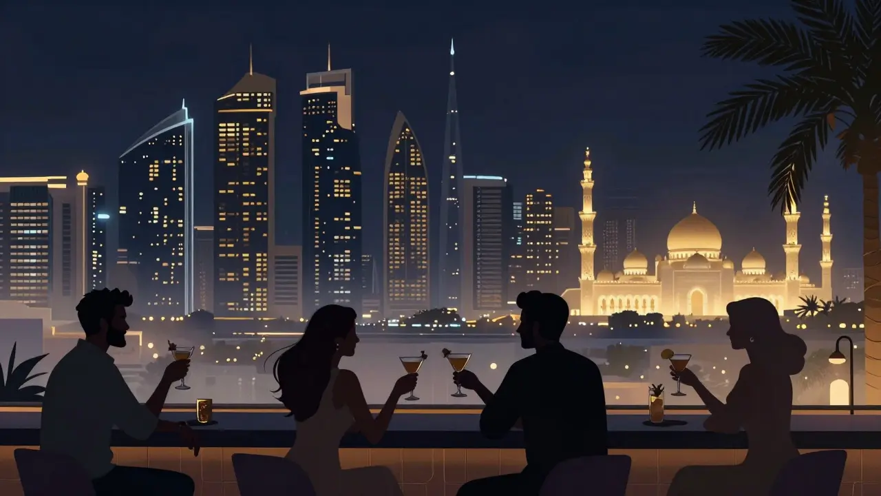 Rooftop guests at Skyview Bar overlooking Abu Dhabi’s skyline and the Grand Mosque.