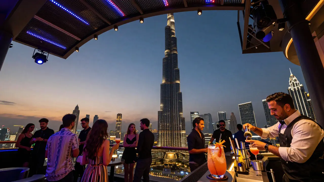 Rooftop nightclub with a view of the Burj Khalifa lit up at night.