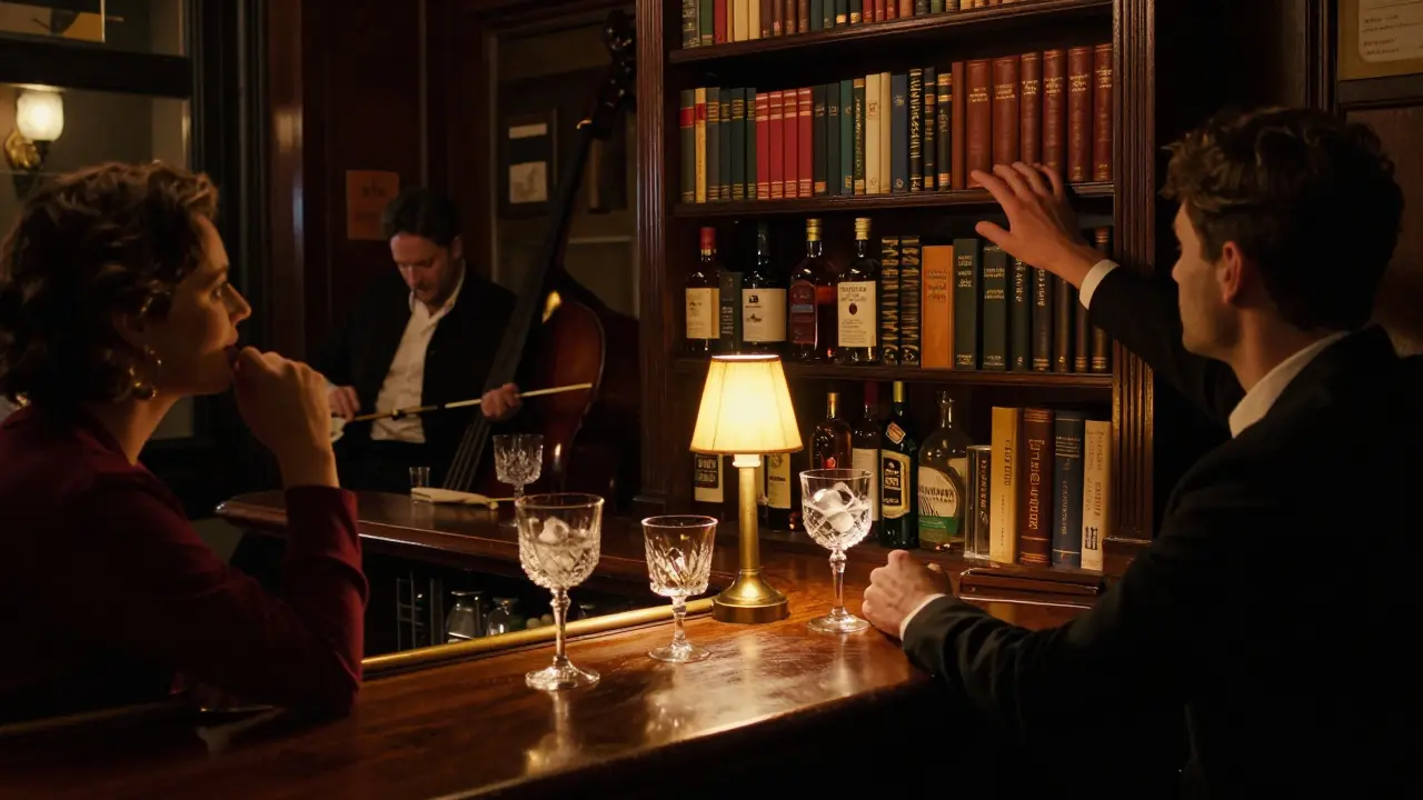 Secret bar behind a bookshelf, dim lamps, gin cocktails on wood counter, patrons in quiet conversation under warm light.