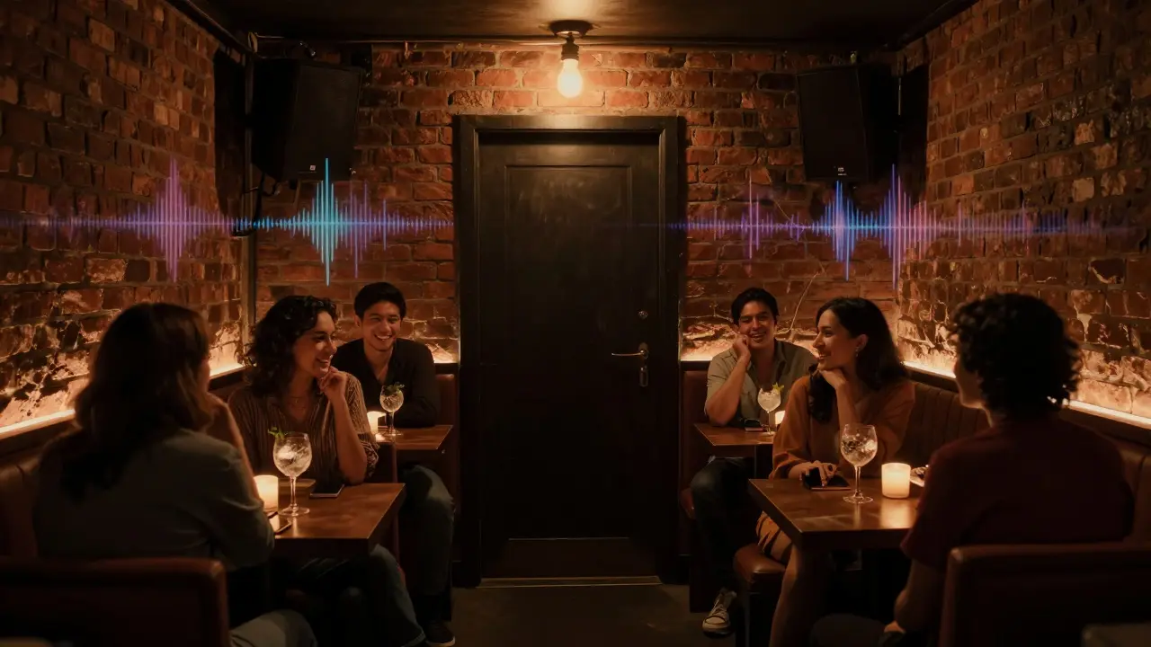 Secret underground bar with dim lighting and people enjoying drinks in a quiet setting.