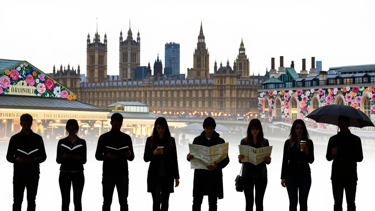 Silhouettes of diverse individuals against London landmarks, each holding an object symbolizing meaningful connection.