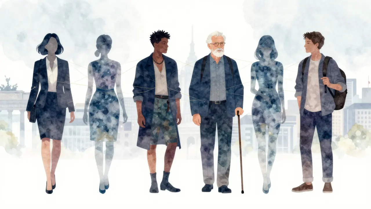 Silhouettes of diverse individuals connected by golden threads to escort figures, symbolizing meaningful companionship in Berlin.