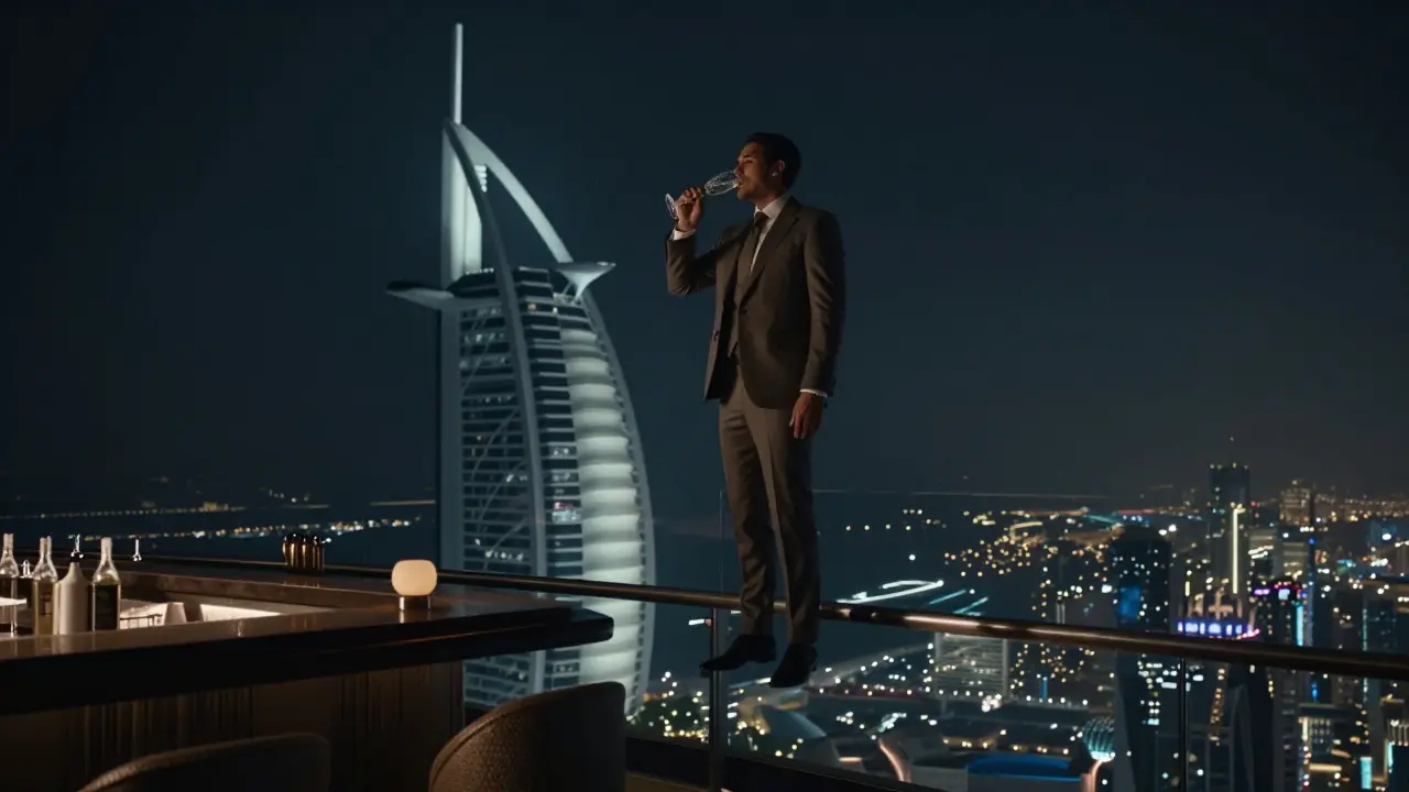 Solo figure sipping champagne at Skyview Bar high above Burj Al Arab, city lights glowing below in silence.