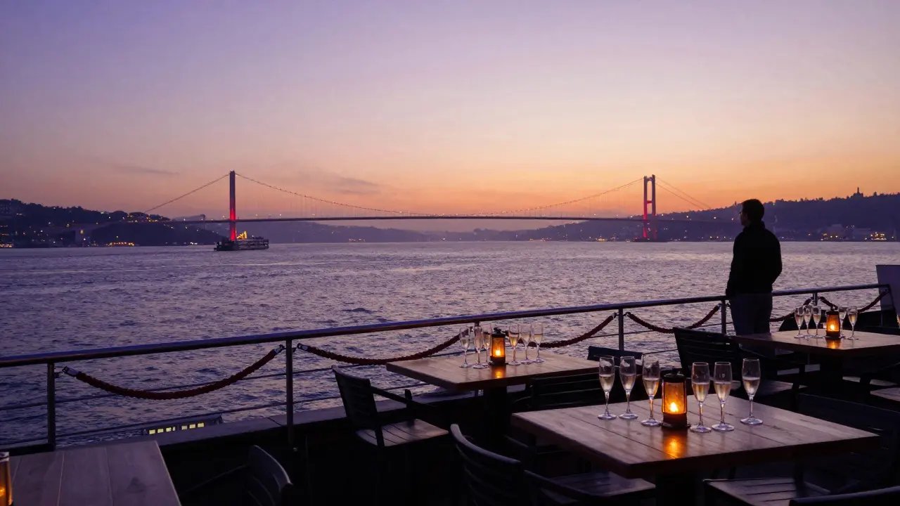 Sunrise over the Bosphorus from a rooftop bar, empty champagne flutes and the bridge glowing in the distance.