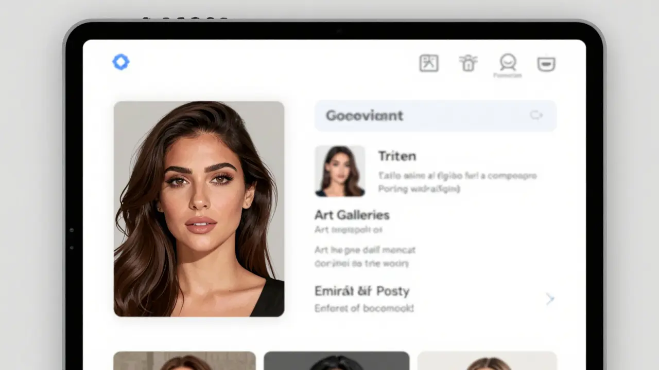 Tablet displaying a verified companion profile with real photo, bio, and blurred ID verification.