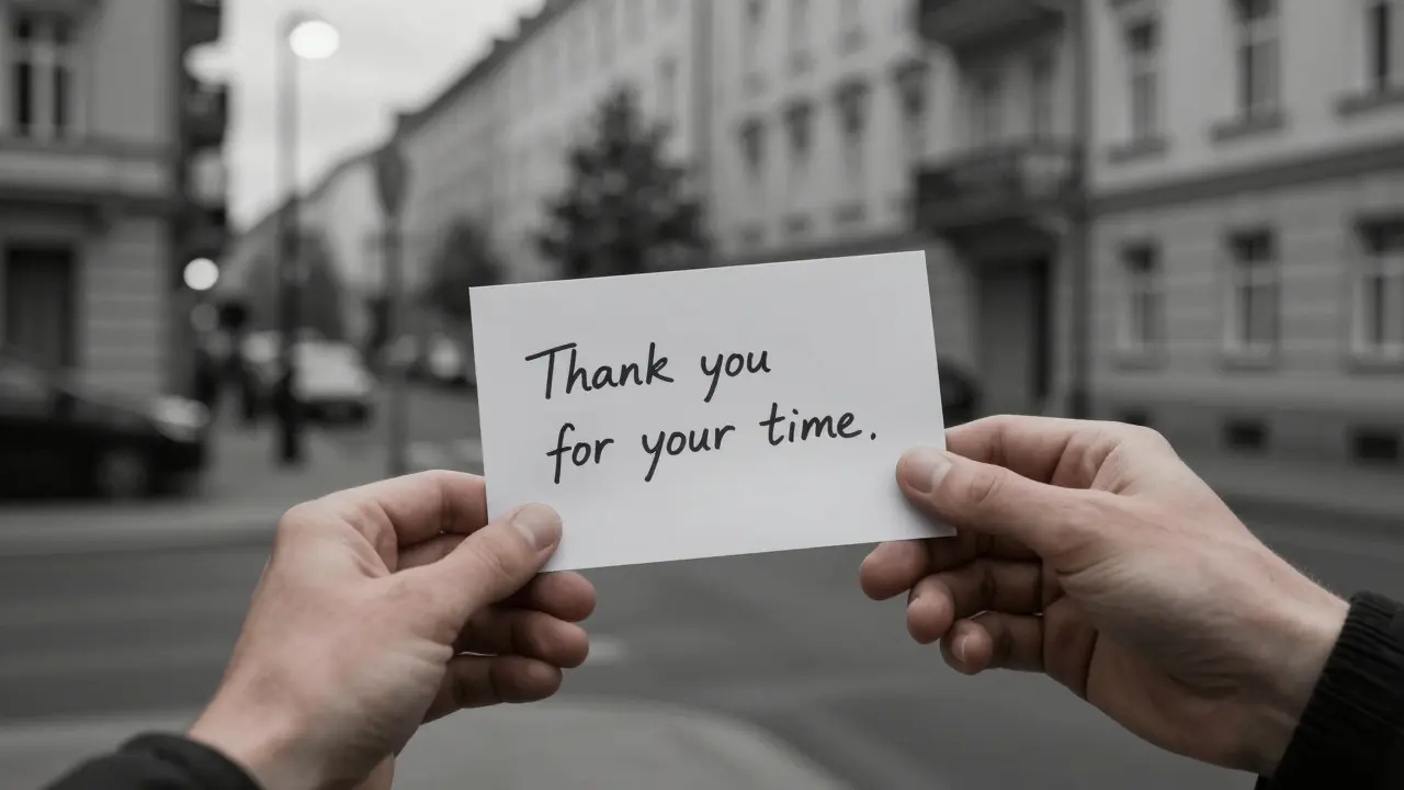 Two hands exchanging a handwritten thank-you note in quiet dusk light.