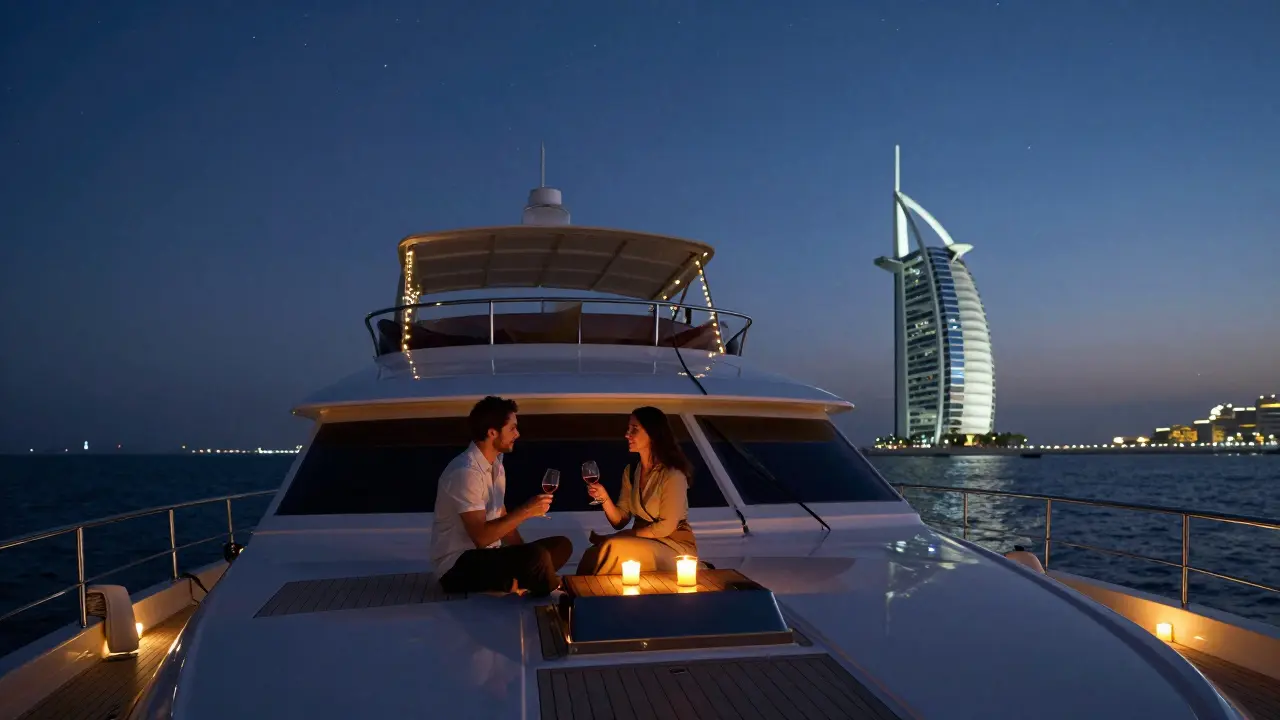 Two individuals sharing a quiet moment on a private yacht at twilight near Palm Jumeirah.