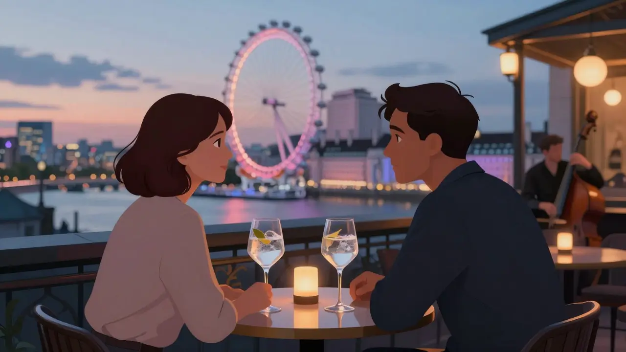 Two people having a quiet conversation at a rooftop bar in Soho, with the Thames and city lights in the background.