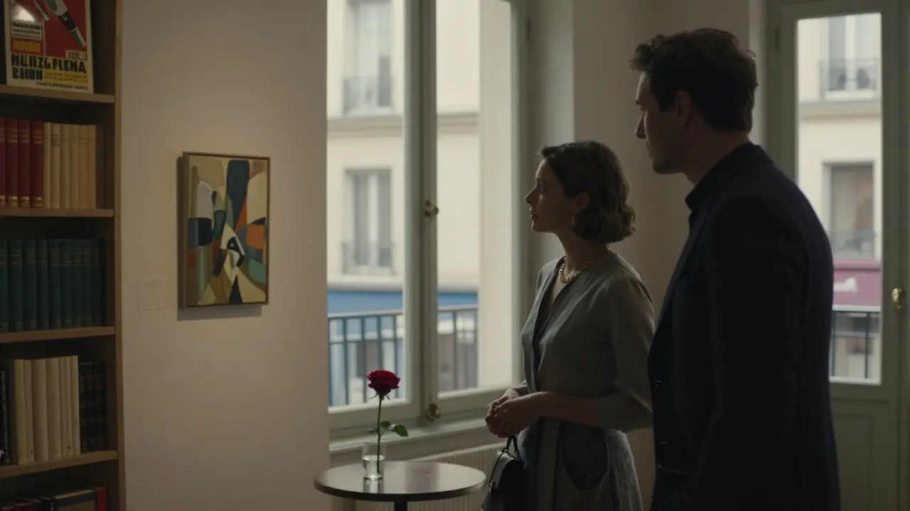 Two people quietly admiring art in a private Parisian gallery, natural light and a single red rose.