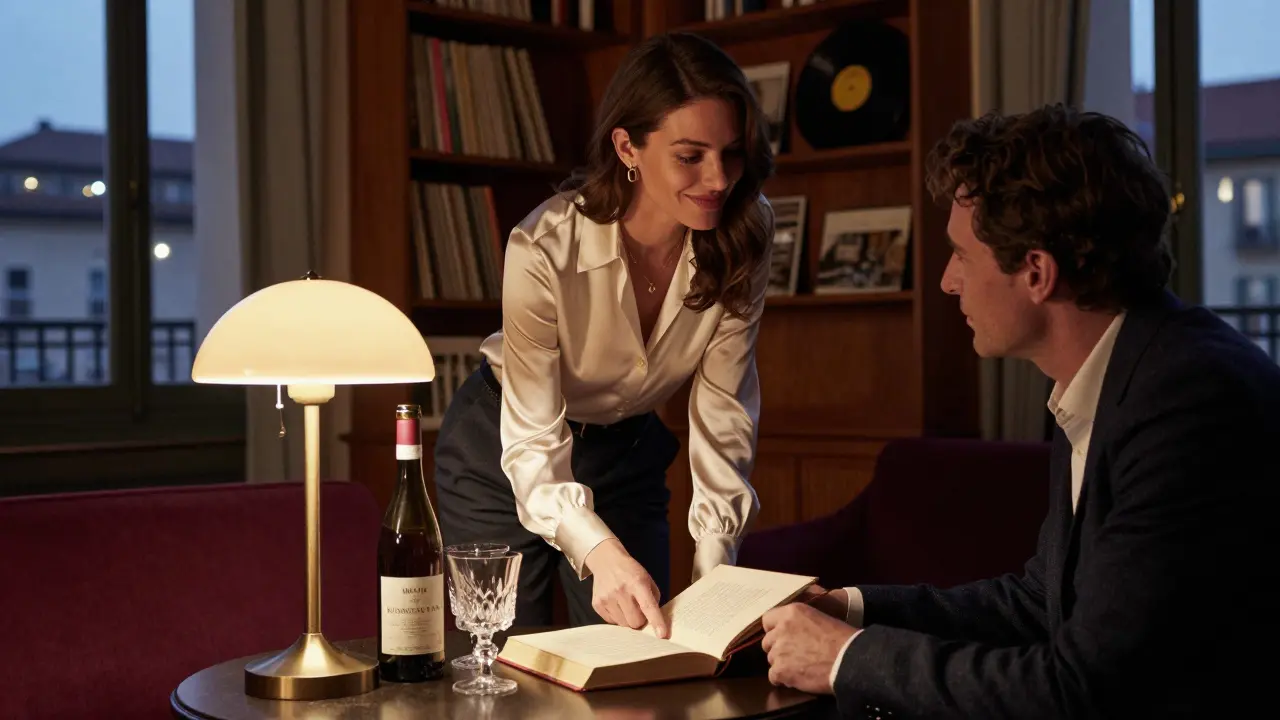 Two people share a quiet evening in a Milan apartment, discussing poetry beside a bottle of Barolo and warm lamplight.