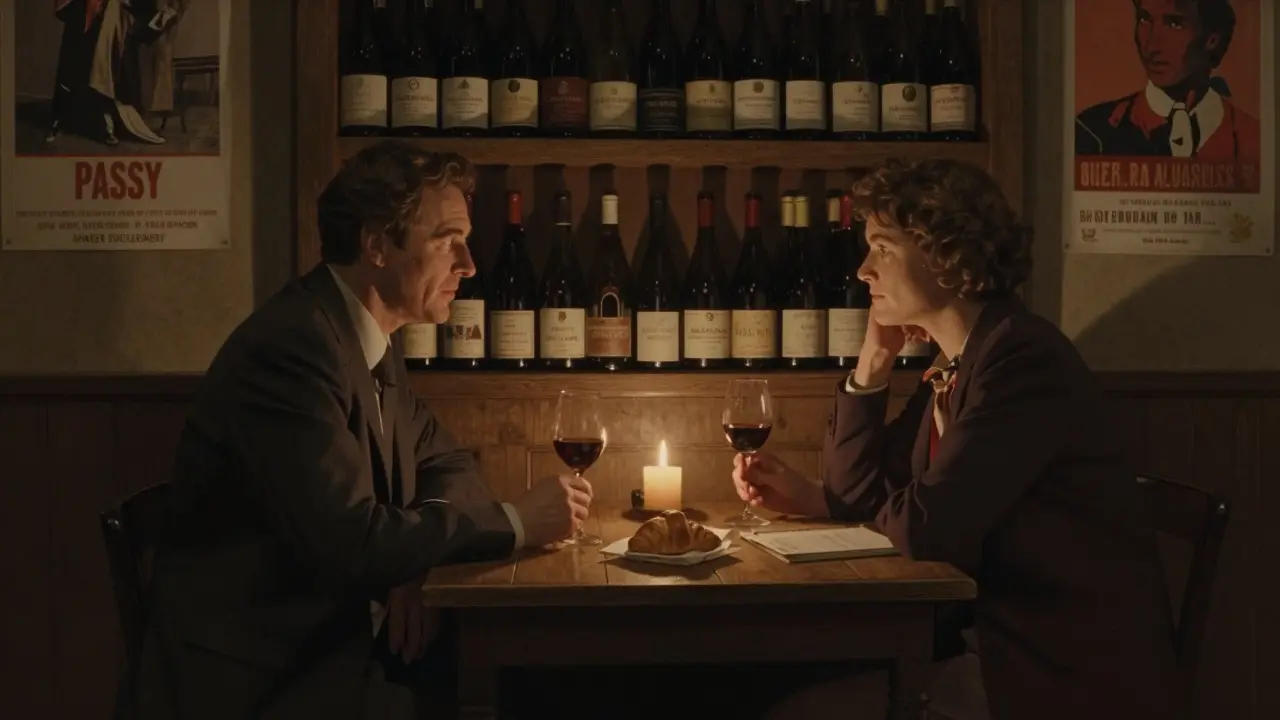 Two people share quiet conversation in a candlelit Parisian wine cellar, no romantic gestures, warm ambient lighting.