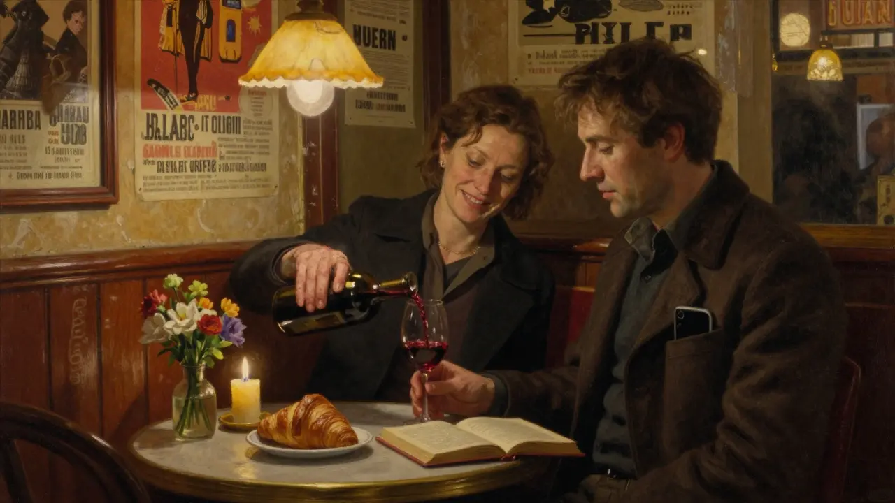 Two people share wine and conversation in a cozy, candlelit Parisian bistro, phone safely tucked away.