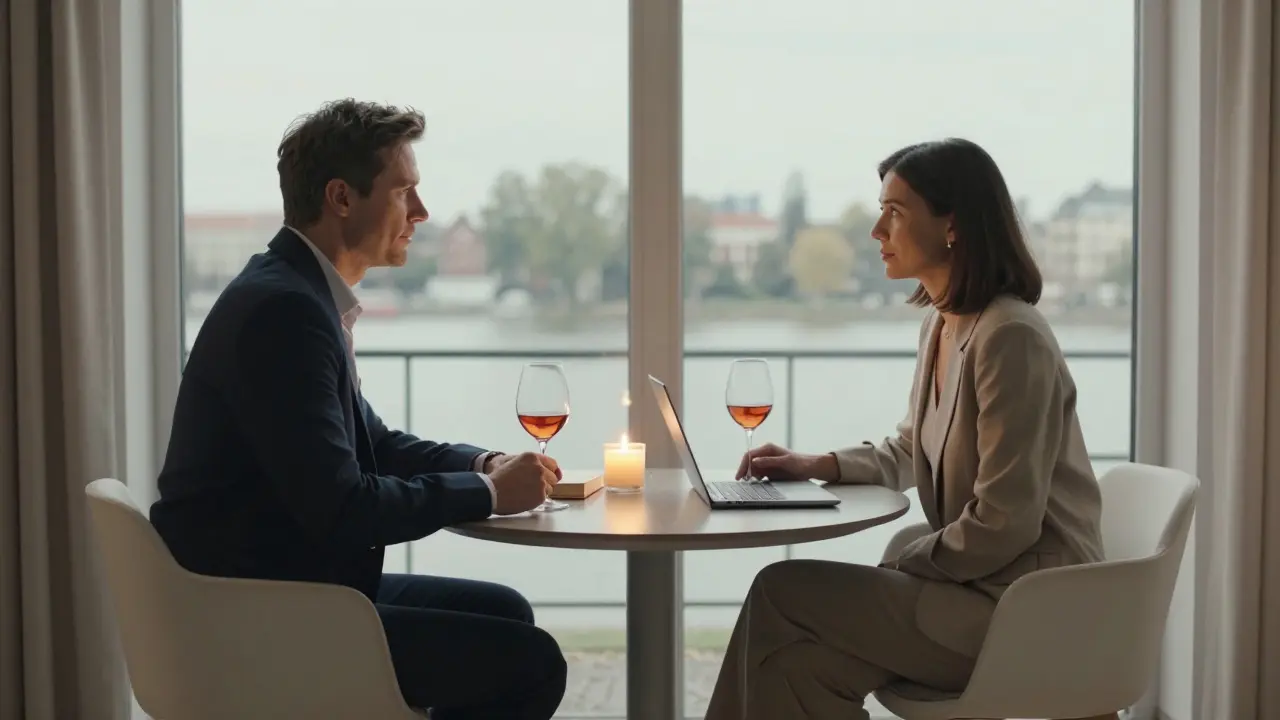 Two people sit at a cozy table in a Berlin apartment, engaged in calm conversation over wine and books.