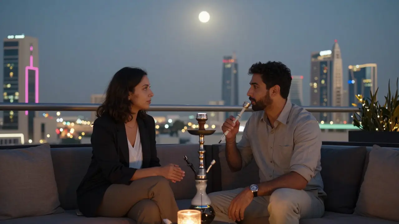Two people sit calmly on a rooftop lounge in Dubai, sharing shisha as the city lights shimmer below, exuding quiet companionship.