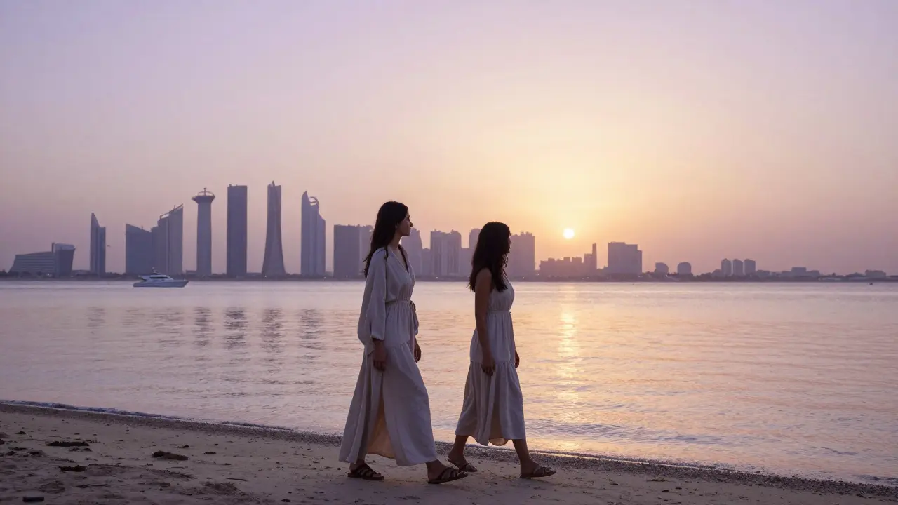 Two women walking along the Abu Dhabi shoreline at sunset, calm and connected under a golden sky.