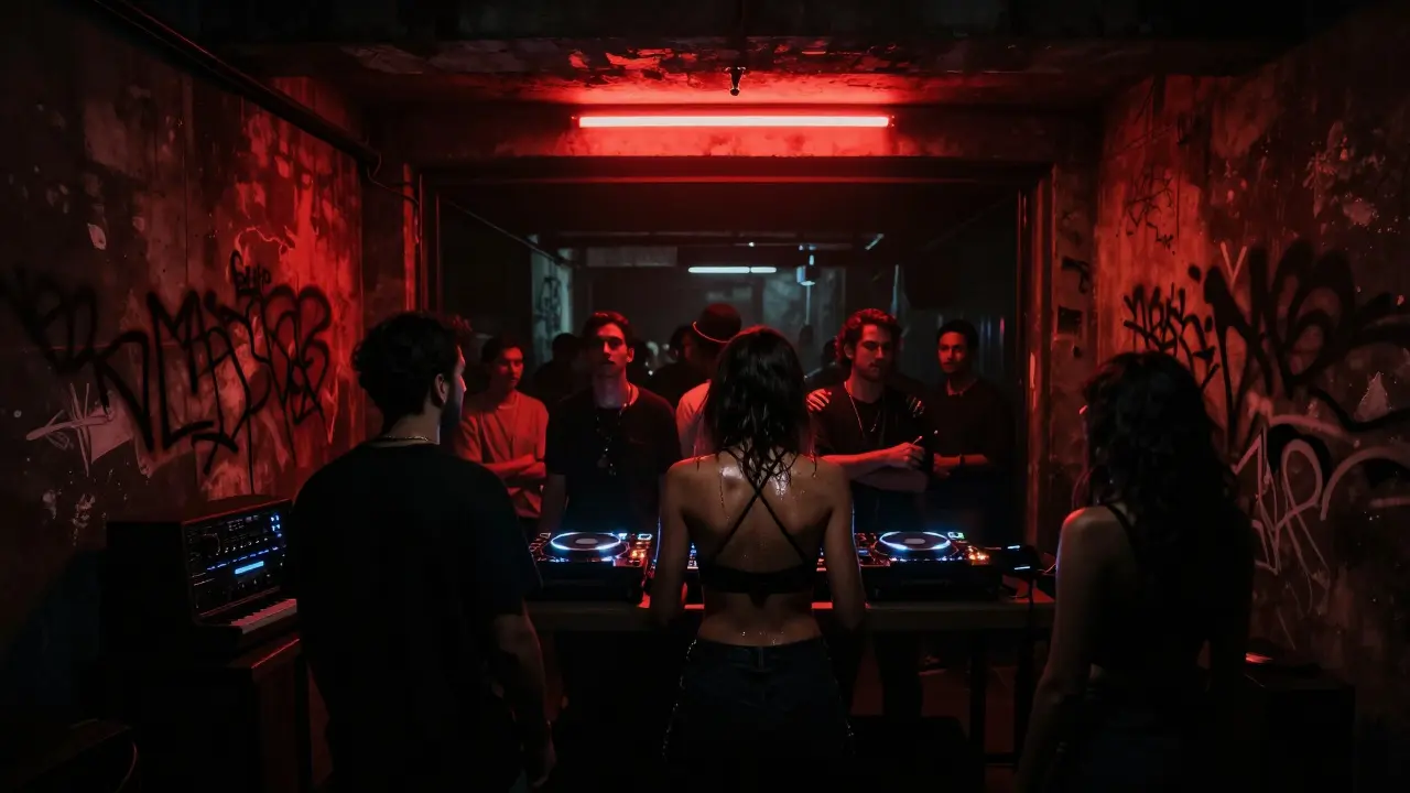 Underground club with red lighting and dancers moving to techno beats in a dark warehouse setting.